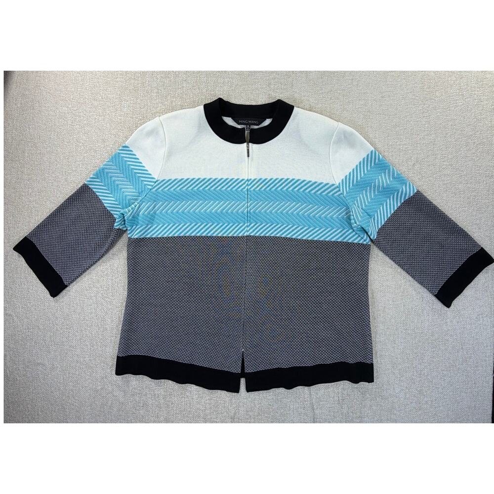 Ming Wang Women's Blue White XL Zip Front Chevron Print 3/4 Sleeve Knit Sweater